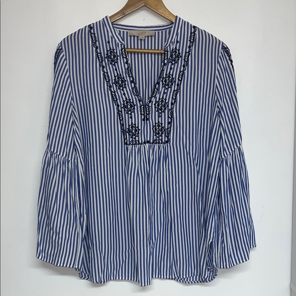 LOFT Sz MED Flowy Striped Embroidered V-Neck Peasant Blouse Bell Sleeve #boho